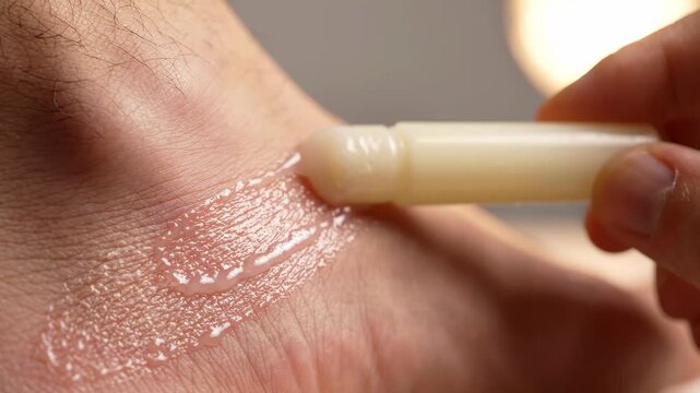 Close up of moisturizing heel balm stick sliding across dry foot heel skin to repair cracked skin and provide intense moisture protection care