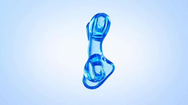 Translucent blue polished form twists and compresses from a four-armed cross into a compact vertical looped shape, centered against a pale blue gradient background