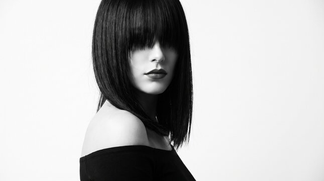 A black and white portrait of a woman with a stylish bob haircut and bangs covering her eyes, wearing an off-the-shoulder top.