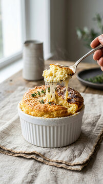 A delicious homemade cheese souffle being served with a spoon from a white ramekin.