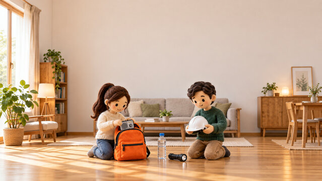 防災用品を準備をする夫婦のイメージ素材（コピースペースあり）／Couples preparing emergency disaster supplies with copy space