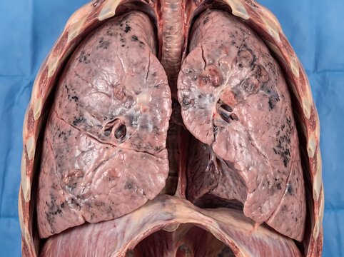 Diseased human lungs, revealing a stark representation of pulmonary health deterioration and the impact of environmental factors on respiratory function