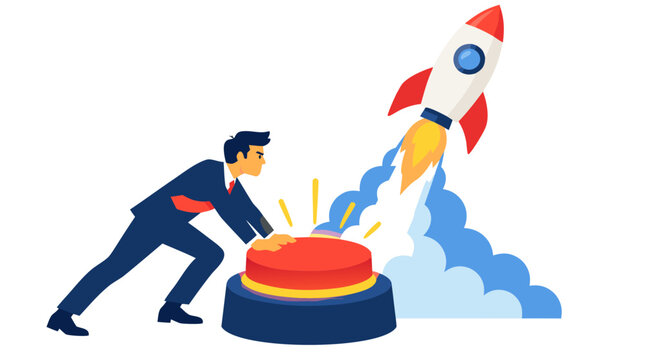 Entrepreneur pushing glowing red launch button as rocket blasts off into sky with smoke trail, startup business success concept flat vector illustration - professional detailed commercial stock