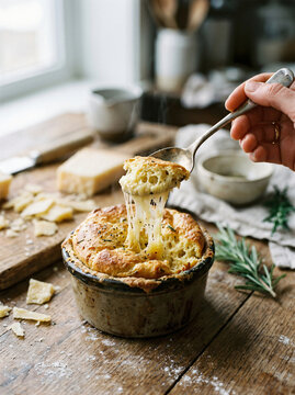 A hand lifting a spoonful of freshly baked savory cheese souffle from a ramekin.