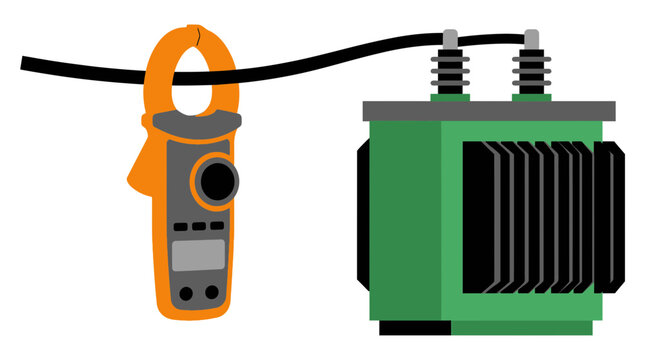 Digital clamp meter measuring electrical current on wire connected to power transformer illustration