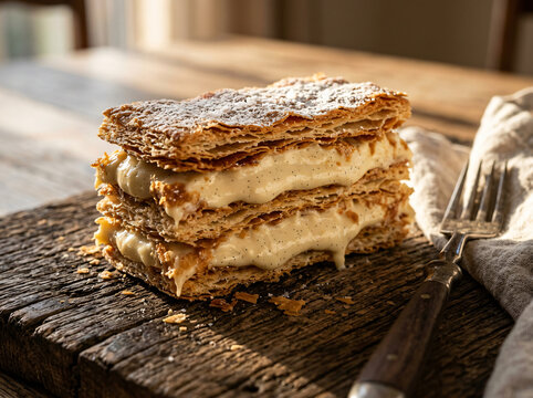 A delicious piece of mille-feuille pastry with creamy filling on a rustic wooden board.