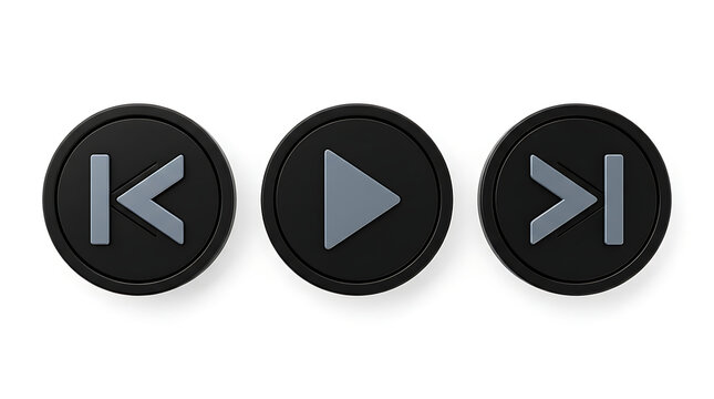Media player buttons with play previous and next icons in black ovals on white background for web and mobile app design