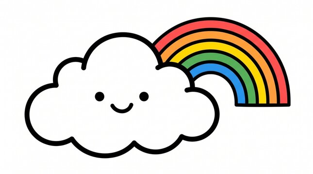 A cheerful cartoon cloud with a smiling face is accompanied by a bright colorful rainbow on a white background