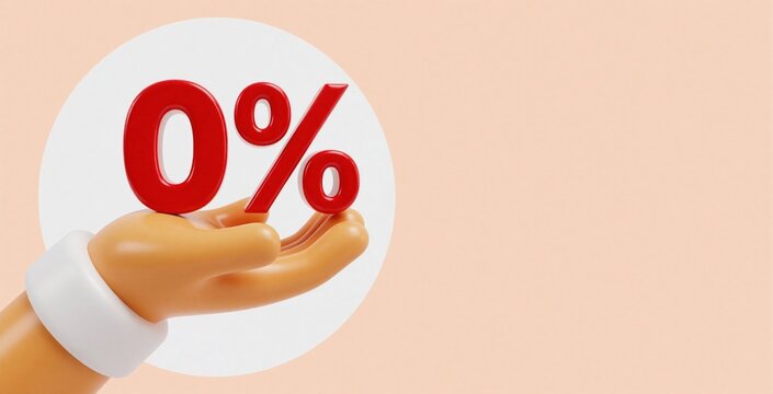 3d cartoon hand holds red zero percent sign. Perfect for shopping, sale campaigns, finance, loan rates, and special offers. Use for retail, banking, and commercial promotions.