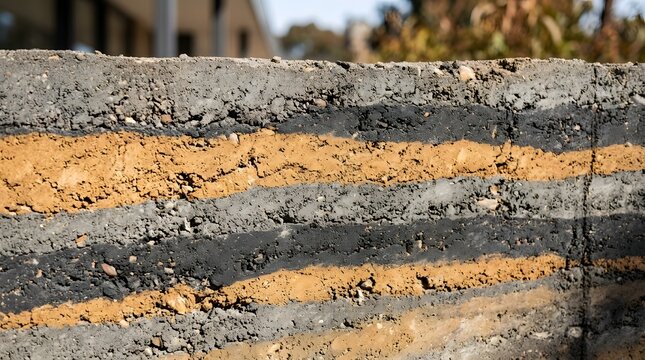 Cross section view of layered soil and asphalt strata in an urban construction site.