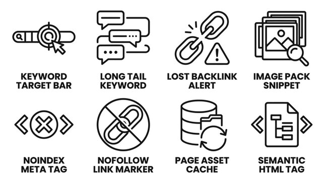 Collection of eight technical search engine optimization and website management icons with long tail optimization management technical marketing development internet business backlink