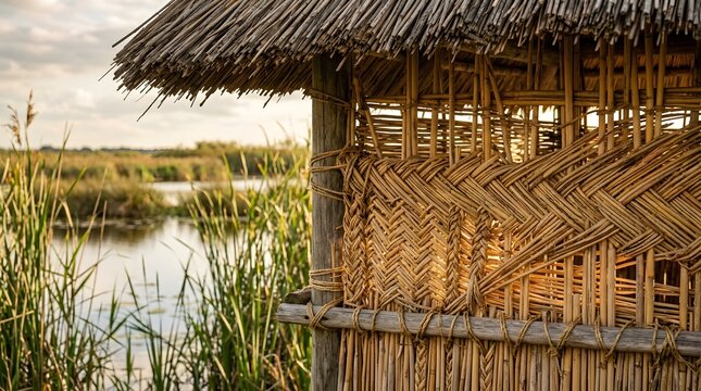 A traditional woven reed hut situated along a peaceful riverbank at sunset.