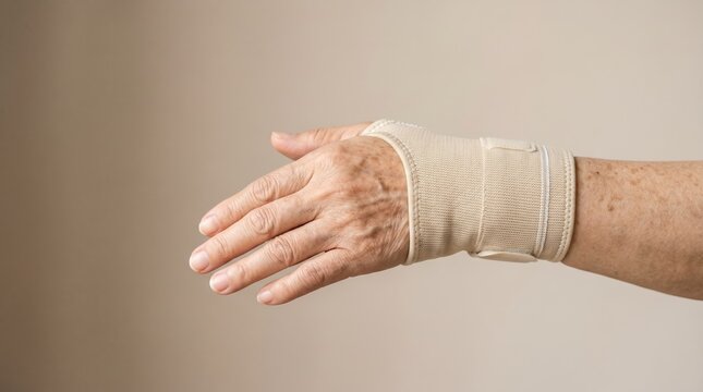 Close up of elderly hand wearing wrist support brace. Senior joint pain relief and arthritis care concept