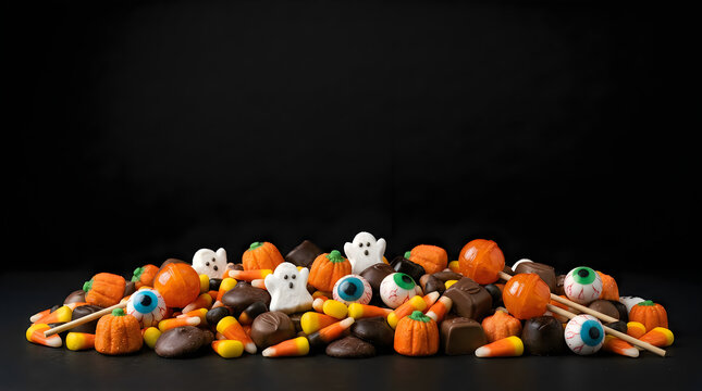 Halloween candy pile with spooky eyeballs on black background