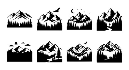 Fototapeta premium Mountain Landscape Vector Icons, Nature Forest Scenes, Wilderness Adventure Graphics, Outdoor Exploration Elements