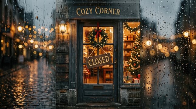 Cozy corner shop front with closed sign on a rainy christmas evening