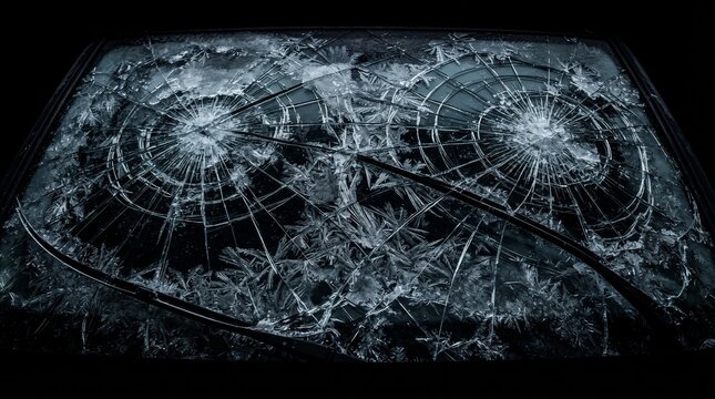 Close-up of a shattered car windshield with intricate frost patterns and spiderweb cracks on a dark background during winter.