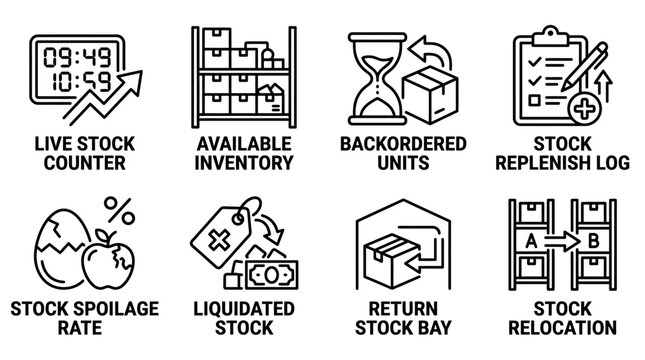 Set of eight inventory management and warehouse logistics icons with inventory warehouse logistics management shipping packages backorder tracking replenish spoilage liquidation discount