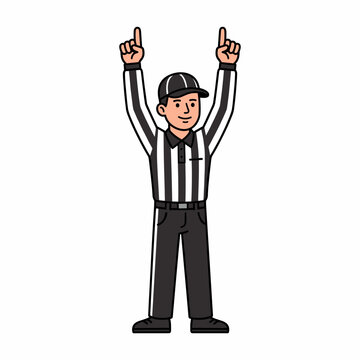 American football referee in a standing action pose signalling touchdown with both index fingers pointing up wearing traditional striped uniform and cap in a modern comic vector illustration style