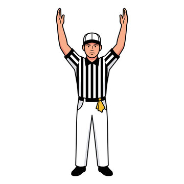 American football referee in a standing action pose signalling touchdown with both arms raised high wearing traditional striped uniform and cap in a modern comic vector illustration style