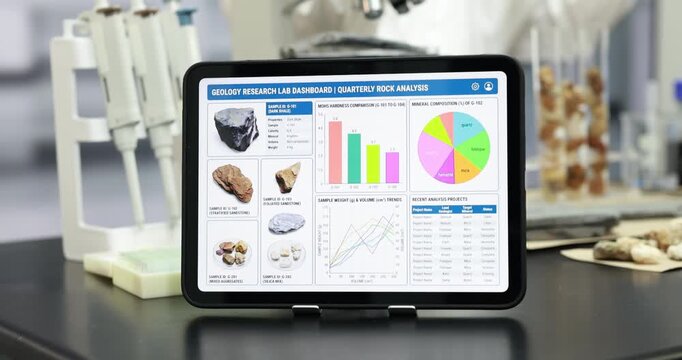 Tablet a geology research dashboard with rock samples, charts and data tables in a laboratory with scientific equipment in the background.