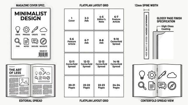 Minimalist graphic design layout guide for editorial brochures and technical specification printing with minimalist editorial brochure specification printing technical schematic composition