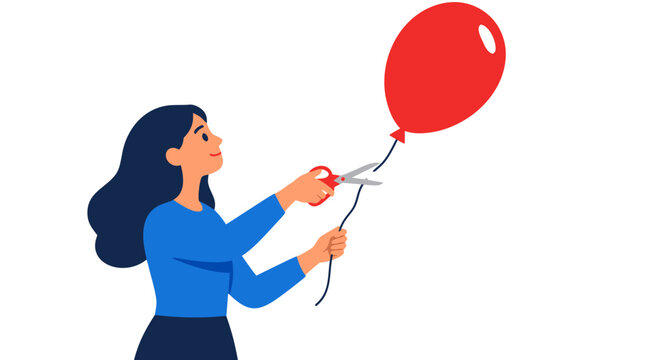 Woman cutting string of large red balloon with scissors letting it float away symbolizing freedom, letting go, emotional release and new beginning in bold flat vector illustration isolated on white
