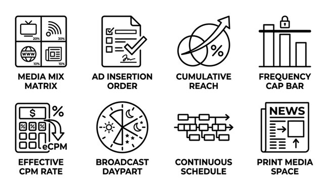 Collection of media advertising icons representing marketing operations and campaign performance analytics with advertising marketing campaign analytics performance business strategy frequency