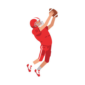American football player jumping high to catch or intercept the ball in a dynamic action pose wearing red uniform in a modern flat vector illustration style