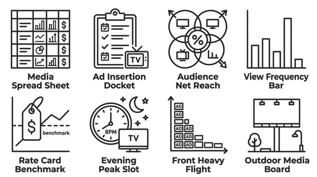 Collection of marketing and media planning icons for advertising strategy and campaign analytics with marketing planning advertising strategy campaign analytics business spreadsheet audience