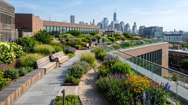 A beautiful green rooftop garden with a view of the New York City skyline.