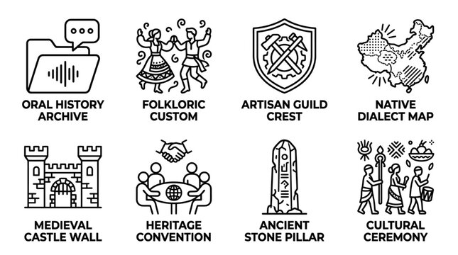 Collection of icons representing global cultural heritage and historical preservation concepts in outline style with heritage preservation folklore medieval convention ceremony tradition