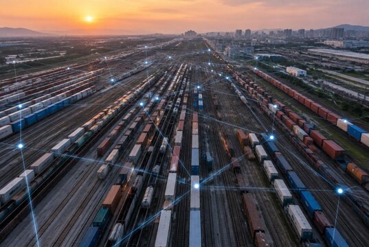 Expansive aerial view showcases a vast network of freight trains on numerous parallel tracks at a busy rail yard during a vibrant sunset, suggesting a complex logistics system and global