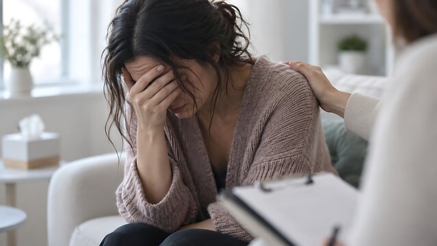 Depressed woman crying in therapy session, upset patient receiving psychological support from counselor, mental health consultation with professional therapist