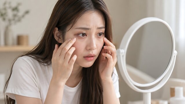 Concerned young woman checking dark circles under eyes in mirror, tired Asian girl examining skin problems, morning skincare routine and facial fatigue