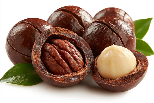 Group of macadamia nuts with shells and green leaves on white background