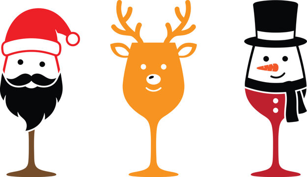 Funny christmas wine glasses with santa claus reindeer and snowman characters set