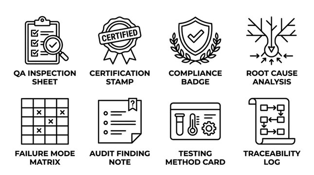 Collection of quality management and regulatory compliance icons in linear style with management compliance regulatory inspection certification analysis traceability document industry