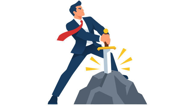 Businessman in Suit Pulling Sword from Stone, Leadership Power Breakthrough Success Flat Vector Illustration, King Arthur Modern Metaphor - professional high resolution detailed commercial stock