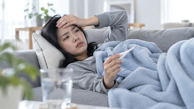 Sick Asian woman lying on sofa with fever, ill person checking body temperature with thermometer, unwell female resting under blue blanket