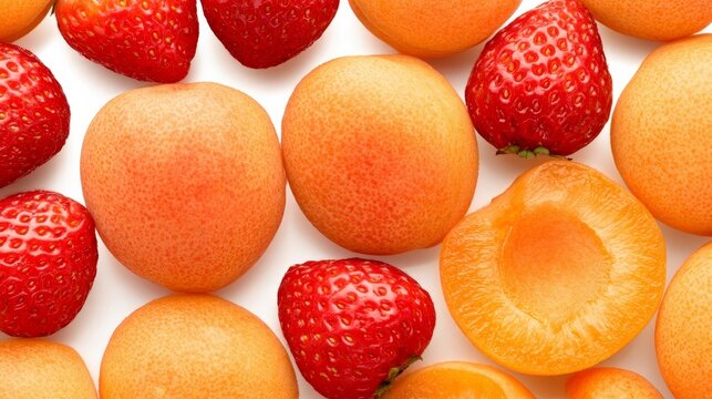 Sweet fruit pattern on white: red strawberries and orange apricots.