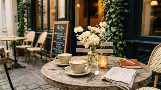 Coffee cups, flowers, and notebook on a round bistro table in paris