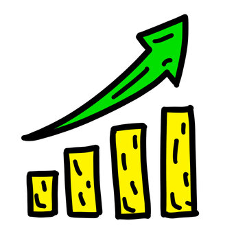 Growth bar chart with green arrow cartoon illustration with transparent background