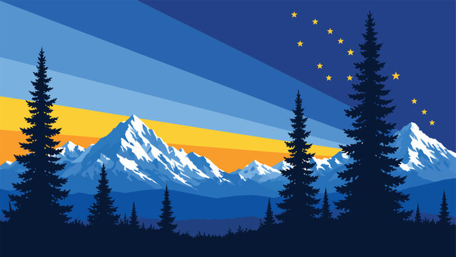 Stunning Alaska Inspired Vector Landscape with Snow Capped Mountains, Pine Tree Silhouettes, and Big Dipper Constellation under a Vibrant Blue and Gold Sunset Sky Background