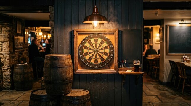 Dartboard mounted on a dark wooden wall above stacked oak barrels in a pub