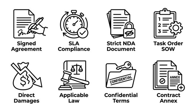 Legal agreement and contract icon set featuring signed document sla compliance confidential terms agreement compliance document applicable confidential contract business corporate paperwork