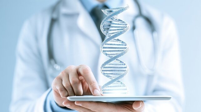 Doctor uses CRISPR and AR on tablet to decode virtual DNA in blue studio