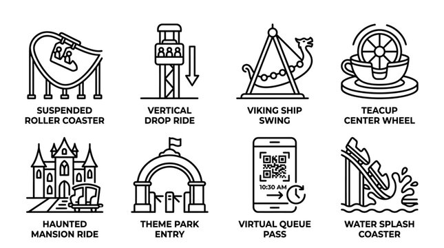 Set of eight amusement park and theme park attraction line icons for entertainment navigation with amusement rollercoaster attraction entertainment vacation adventure suspended technology