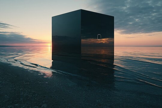Surreal black cube reflecting sunset over calm ocean water on a serene beach at dusk