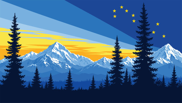 Alaska Flag Inspired Mountain Landscape Vector Illustration Featuring Snow Capped Peaks Pine Forest Silhouette and the Big Dipper Star Constellation at Sunrise Background Concept.